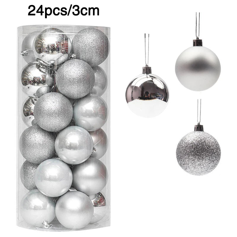 Set of 24 silver Christmas ornaments, 3cm each. Includes matte, shiny, and glitter finishes, packaged in a clear cylindrical container. Three ornaments shown separately on the right.