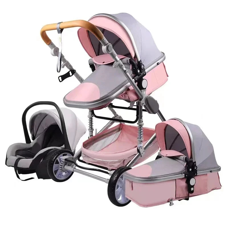 Pink and gray baby travel system featuring a stroller with a brown handle, a car seat, and a bassinet attachment, all with matching color accents and modern design.