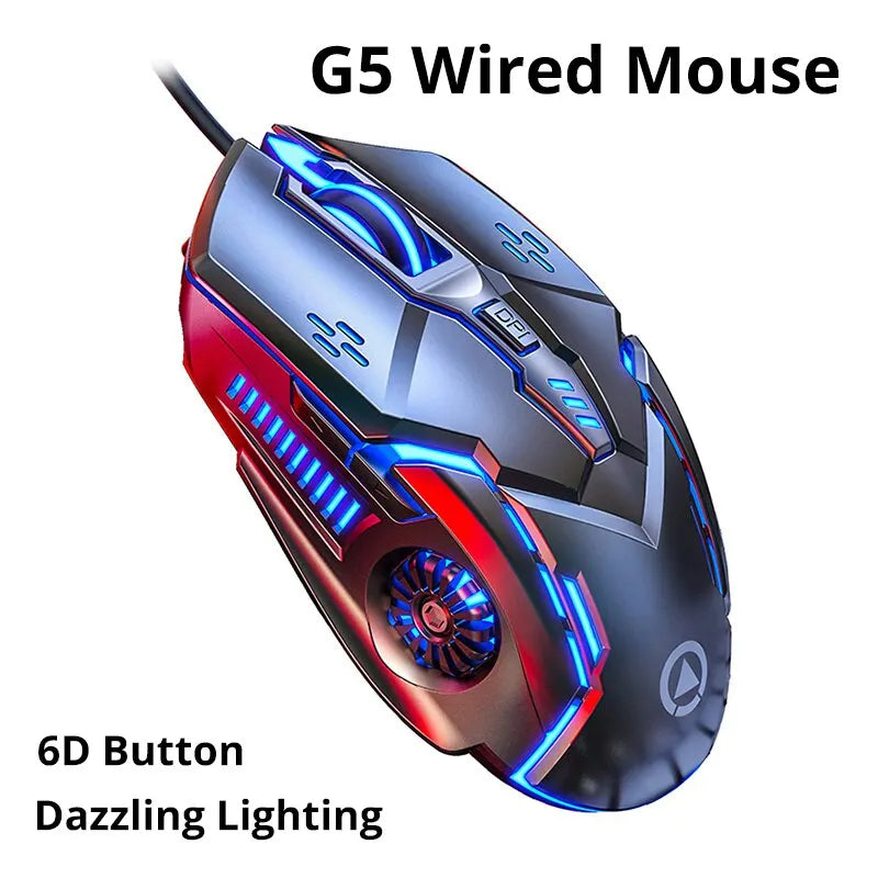 Futuristic G5 wired gaming mouse with six buttons and vibrant blue and red LED lighting, showcasing an aerodynamic design. Text reads "6D Button" and "Dazzling Lighting."