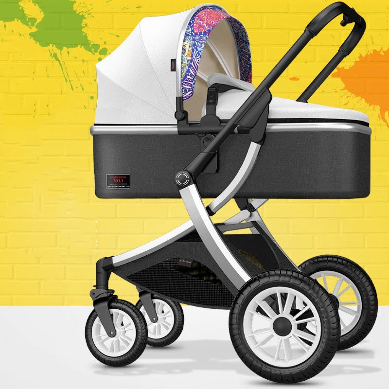 Modern baby stroller with a black and white design, colorful interior and sturdy wheels, set against a vibrant yellow brick wall with green and orange paint splatters.