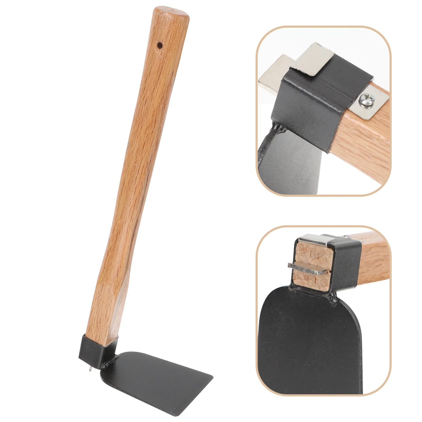 A wooden-handled garden hoe with a flat, black metal blade shown at various angles, highlighting the attachment details of the blade to the handle.