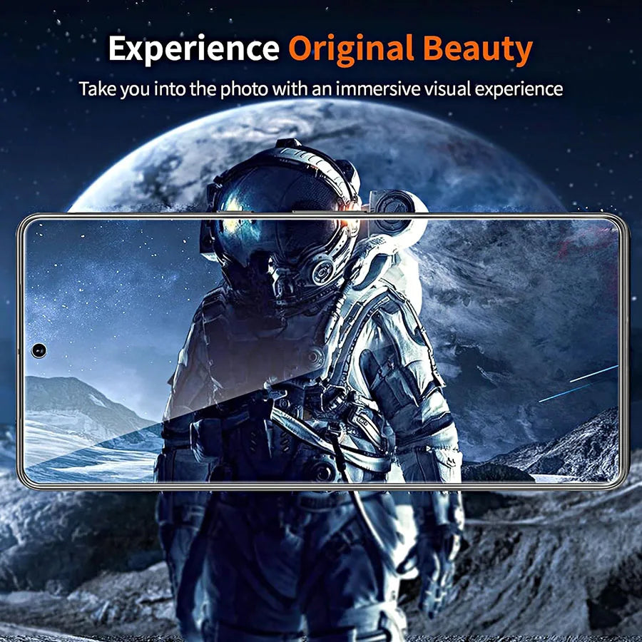Astronaut on a moonlit landscape viewed through a smartphone screen, with bold text stating, "Experience Original Beauty." The scene highlights immersive visual technology.