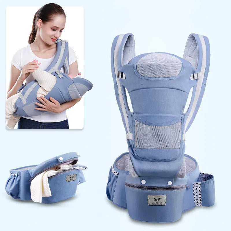 A blue baby carrier shown on a white background, with an inset image of a woman wearing the carrier and holding a baby. The carrier has adjustable straps and a front pocket.