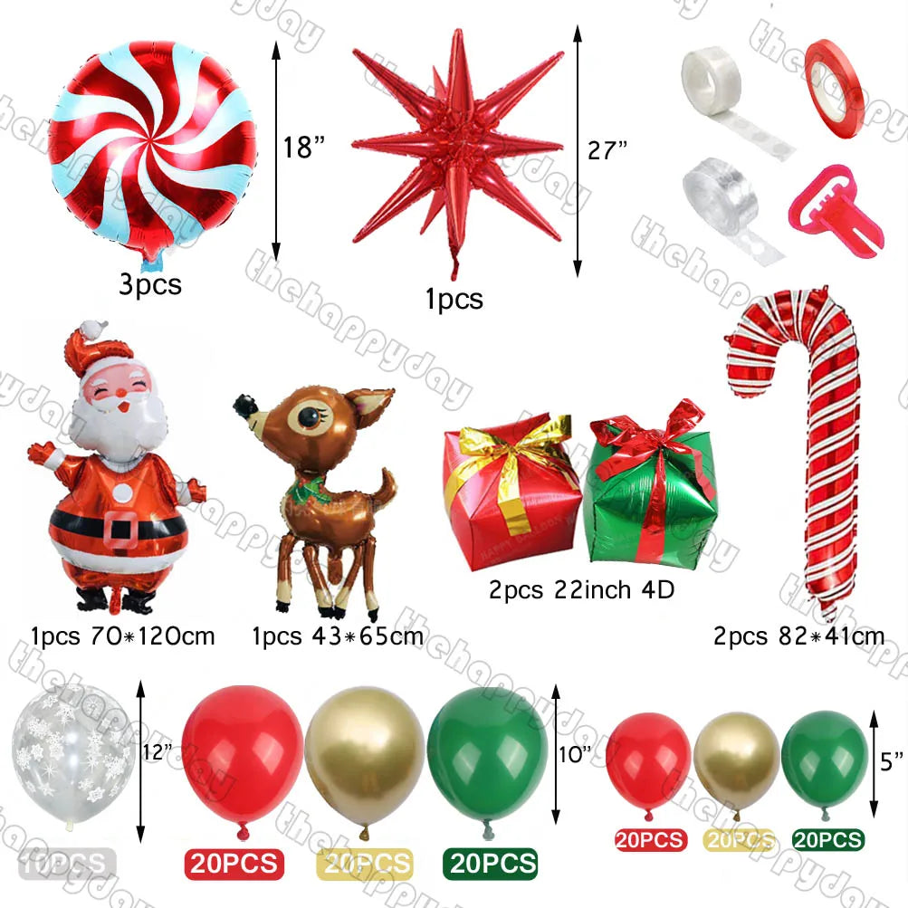 Assorted holiday decorations: candy swirl and star balloons, Santa and reindeer figures, gift balloons, candy cane, clear tapes, balloon valve, and colorful round balloons.