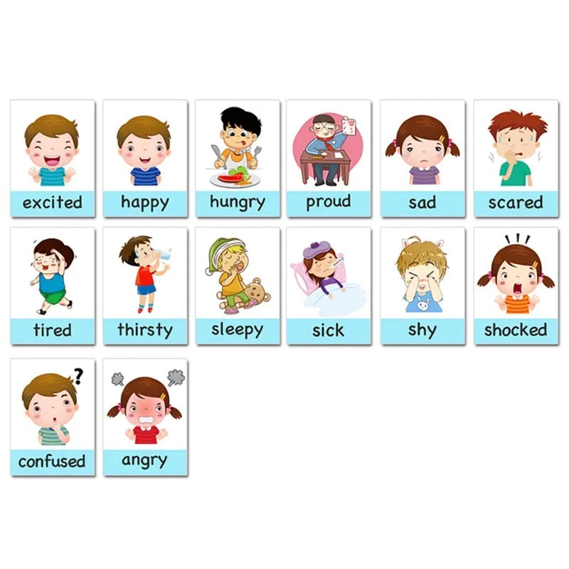 Illustrated chart showing children expressing different emotions: excited, happy, hungry, proud, sad, scared, tired, thirsty, sleepy, sick, shy, shocked, confused, and angry.
