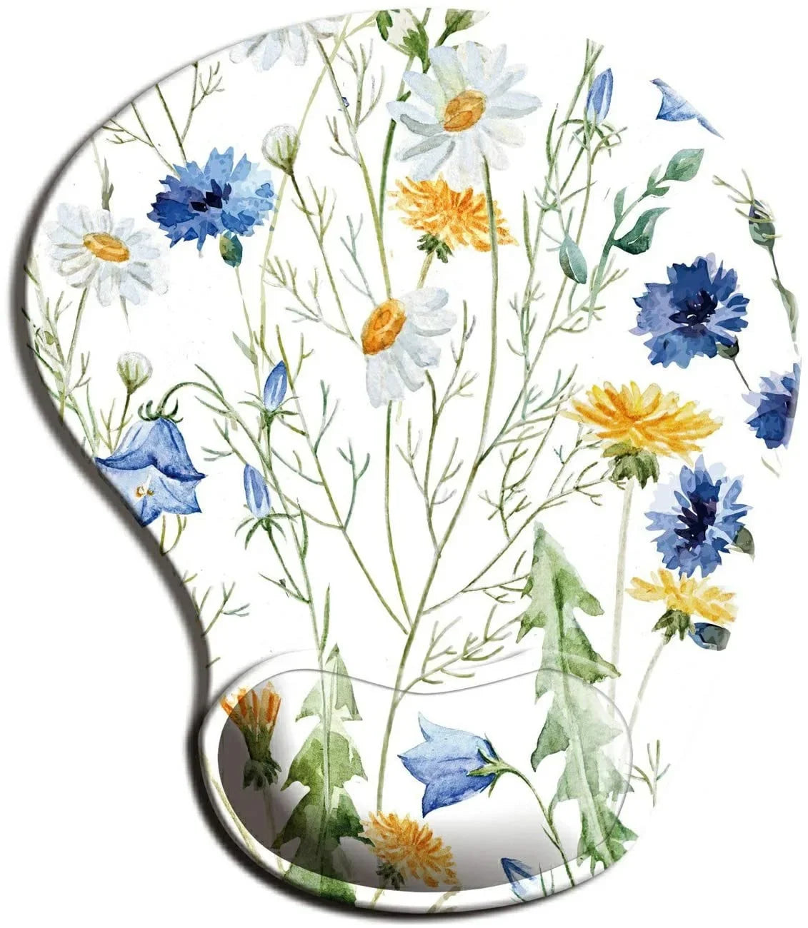 Floral mouse pad with watercolor wildflowers, including daisies and cornflowers, on a white background. The design is intricate with green stems and leaves.