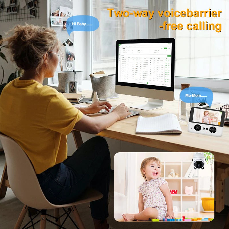 A woman in a yellow shirt works on a computer at a desk, using a baby monitor with two-way voice communication, showing a toddler playing in a nursery.