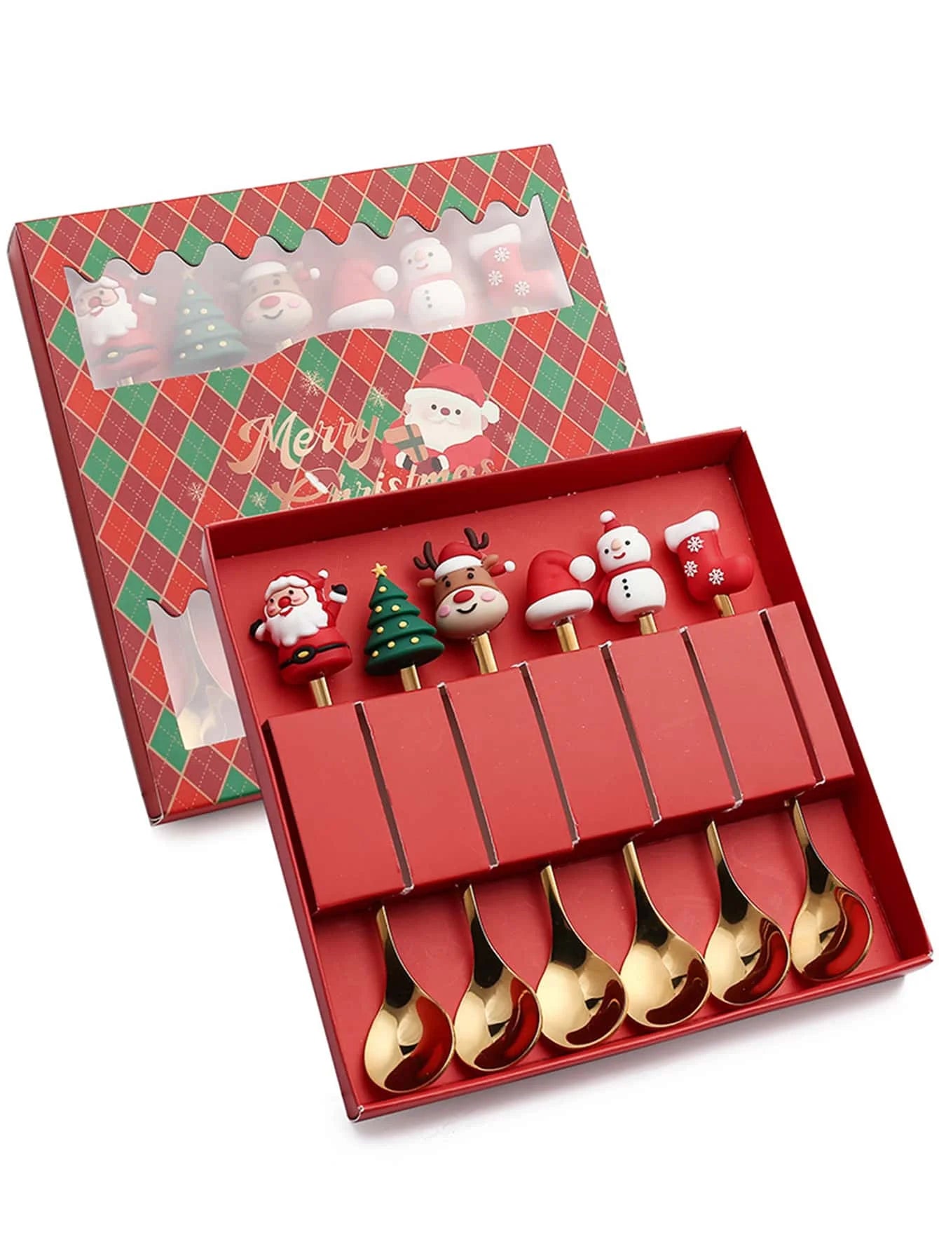 Festive box with red handles featuring Santa, reindeer, Christmas trees, and snowmen. Six gold spoons are set in a red and green Christmas-themed package.