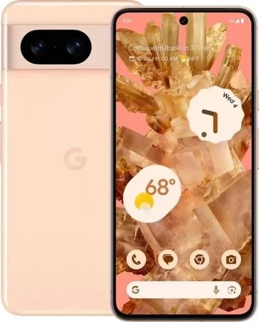 Peach-colored smartphone with dual rear cameras and a vibrant display showing a crystal-themed wallpaper, weather at 68°F, and a calendar widget for Wednesday.