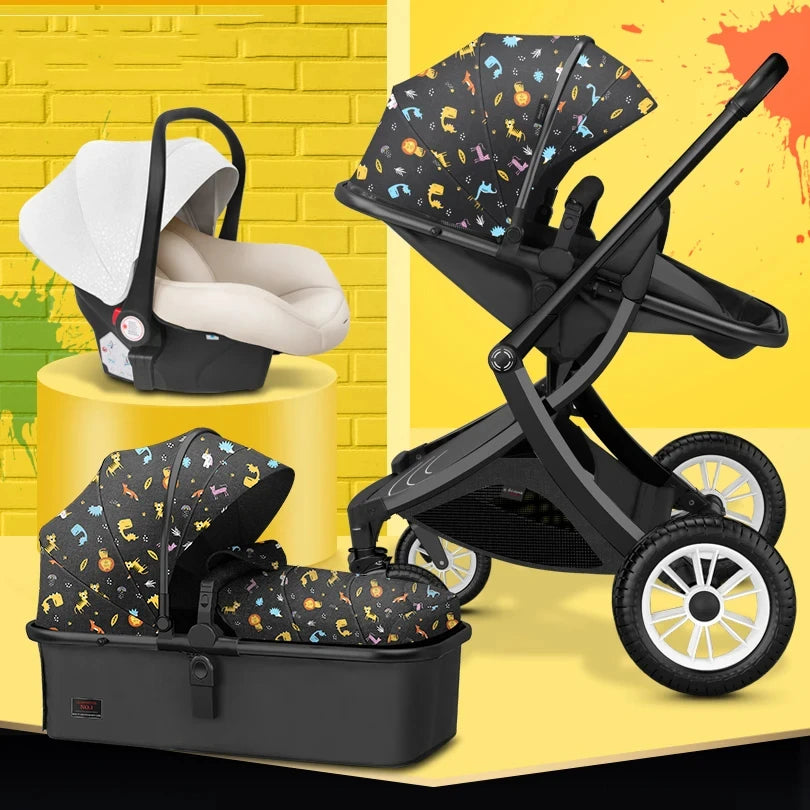 Black stroller set with colorful animal patterns, featuring a bassinet, car seat, and toddler seat. The background is yellow with paint splatters and a brick wall.