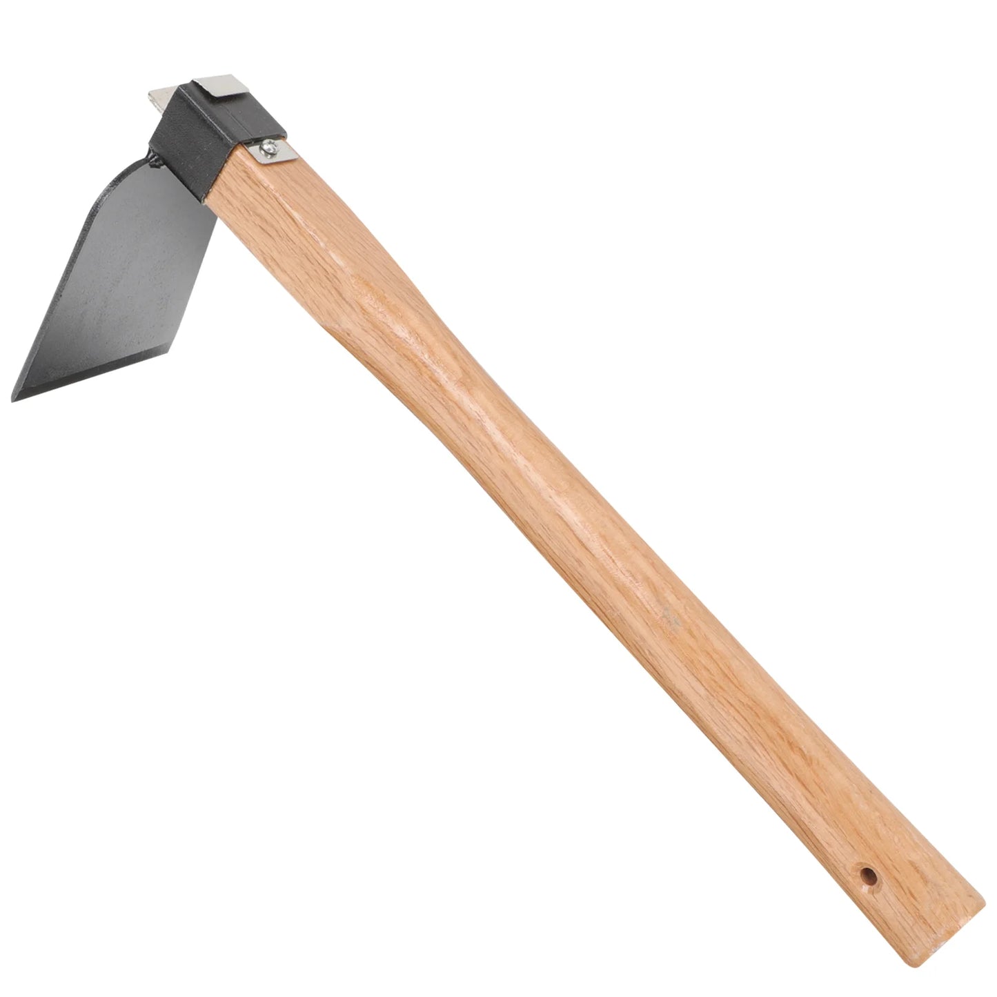 A mattock with a wooden handle and a metal head featuring a flat, wide blade, angled for cutting or digging.