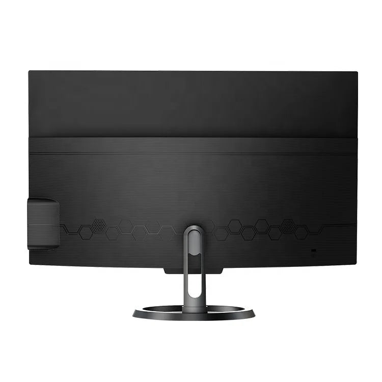 Rear view of a black computer monitor with a sleek design, circular stand, and hexagonal patterns on the back. The power button is visible on the lower right side.