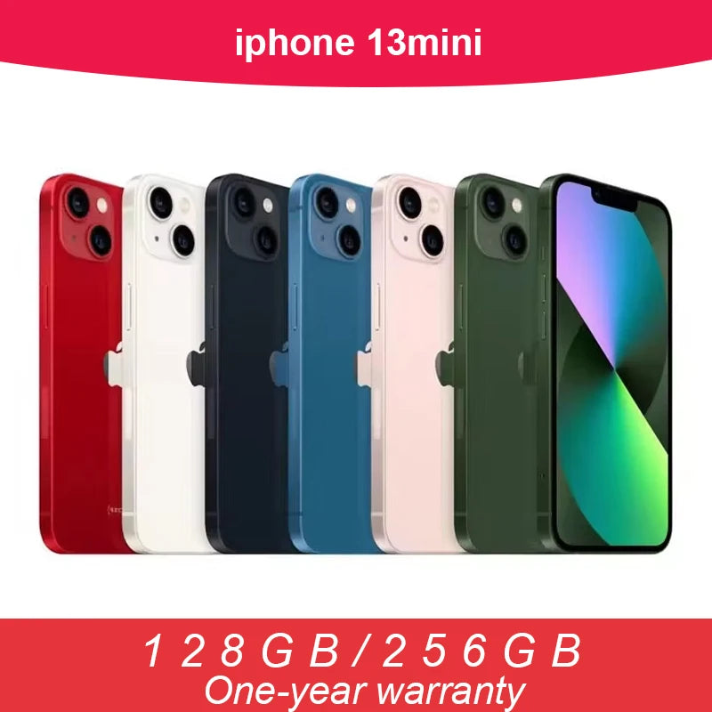 Image of iPhone 13 mini in six colors: red, white, black, blue, pink, and green, aligned in a row. Text above reads "iphone 13mini", below says "128GB / 256GB One-year warranty".