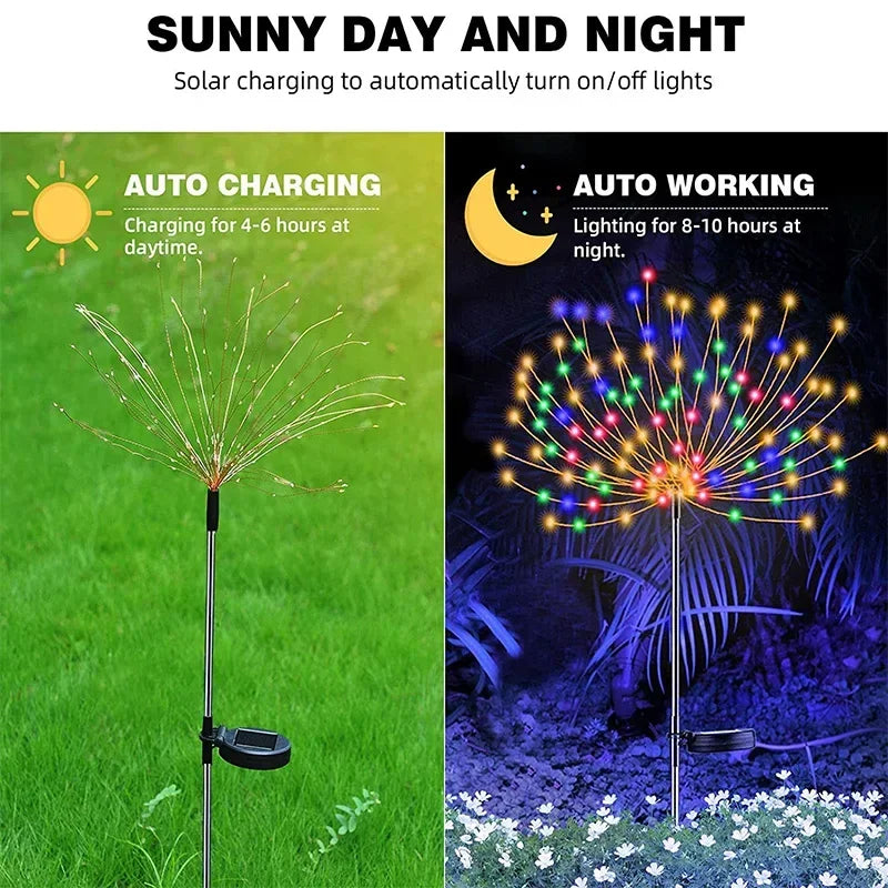 Solar-powered garden light with auto charging during the day and colorful illumination at night. Left shows charging in sunlight, right shows glowing lights in darkness.