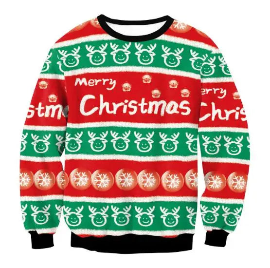 Festive Christmas sweater in red and green with "Merry Christmas" text, reindeer, snowflakes, and Santa faces. Black collar and cuffs complete the cheerful design.