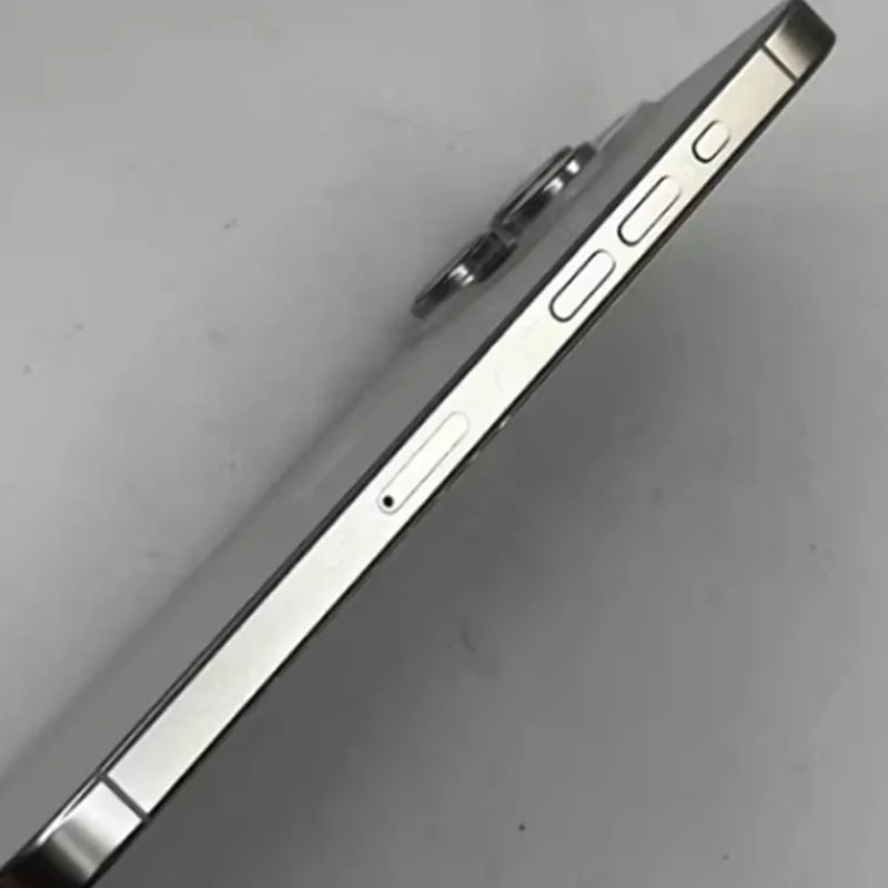 Side view of a sleek smartphone with a metallic frame, visible buttons, and a protruding rear camera against a plain background.