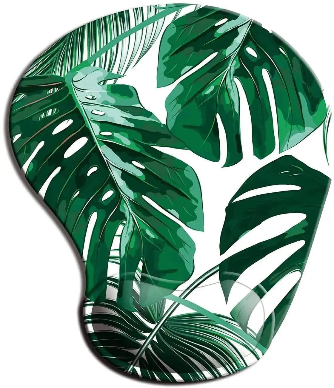 Ergonomic mouse pad with a vibrant green monstera leaf design, featuring a wrist rest for comfortable use.