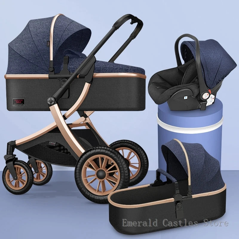 Navy and black stroller set with gold accents includes a car seat, bassinet, and stroller frame. Stylish design with large wheels, displayed on a blue background.