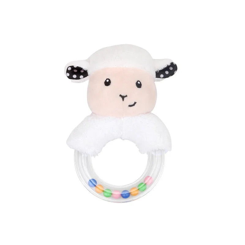 Plush sheep baby rattle with a soft, smiling face and black-dotted ears. The clear ring handle contains colorful beads, ideal for gripping and auditory stimulation.