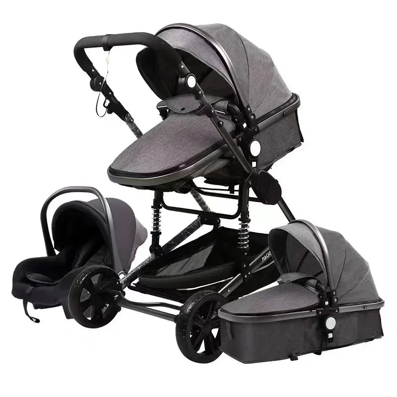 Gray multifunctional baby stroller set with car seat and bassinet, featuring sturdy wheels and adjustable handles, designed for infants and toddlers.