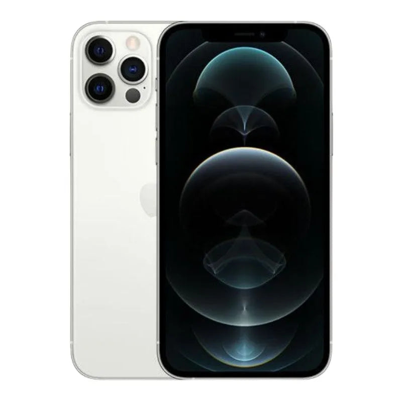 Silver smartphone with a triple camera and flash on the back, alongside a front view displaying a glowing abstract wallpaper on the screen.