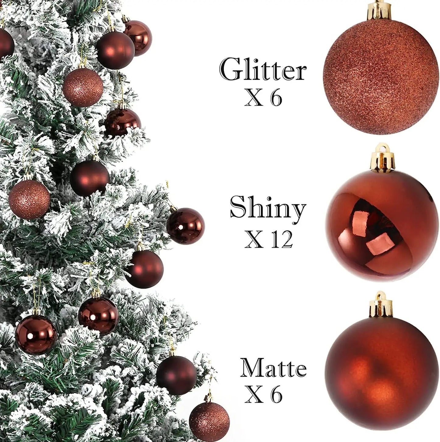Snow-frosted Christmas tree adorned with brown baubles: 6 glittery, 12 shiny, and 6 matte. Arrangement showcases different textures and lighting effects of the ornaments.