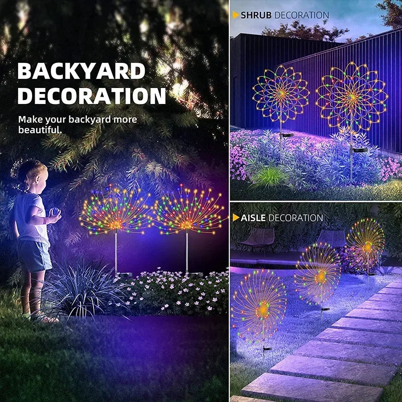 Colorful solar lights in a backyard; a child observes glowing flower-shaped decorations. Side images show similar lights along shrubs and an aisle, enhancing nighttime beauty.