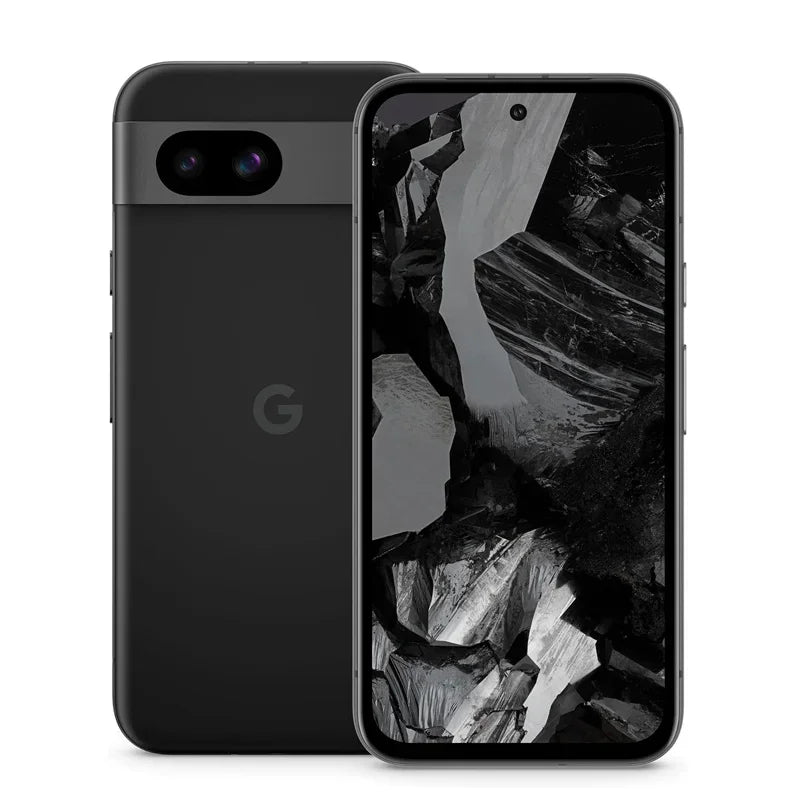 Front and back view of a black smartphone. The screen displays a monochrome abstract design, and the back features a dual camera setup, positioned diagonally, with a G logo.