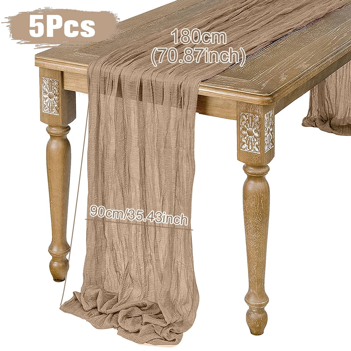 Five-piece set of rustic brown gauze table runners measuring 180cm by 90cm displayed on a vintage wooden table with floral carvings.