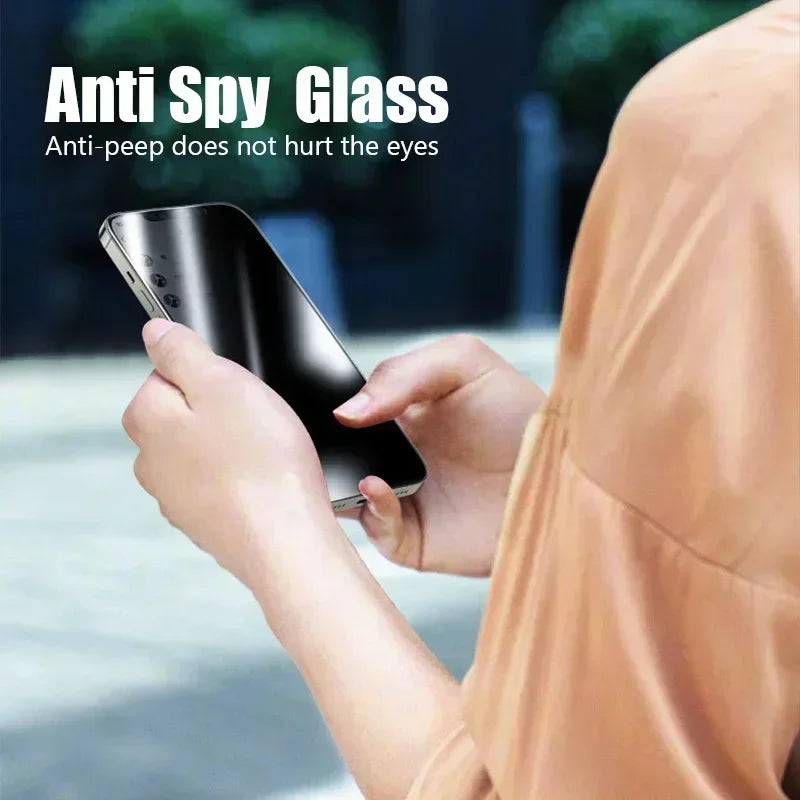 A person holds a smartphone with an anti-spy glass screen protector, reducing visibility from side angles. Text reads, "Anti Spy Glass: Anti-peep does not hurt the eyes."
