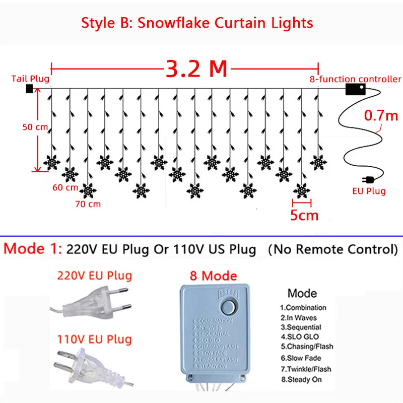 Diagram of Style B snowflake curtain lights with a width of 3.2m. Features EU and US plugs, 8-function controller, and snowflakes hanging at varying lengths from 50 to 70 cm.