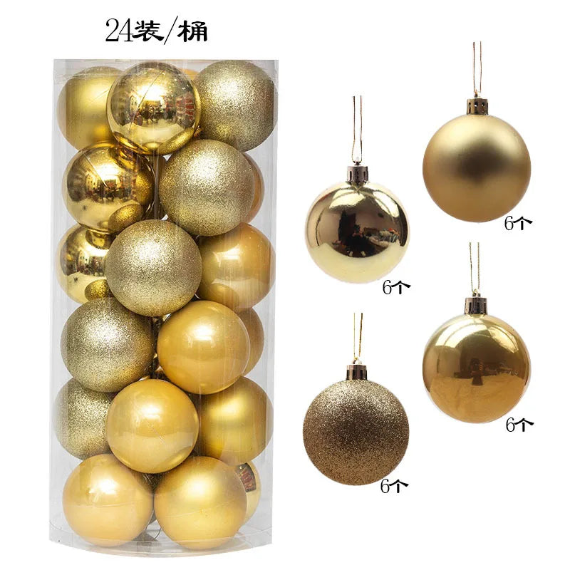 A clear container of 24 gold Christmas ornaments in assorted finishes: glossy, matte, and glitter. Four are shown separately to highlight each finish.