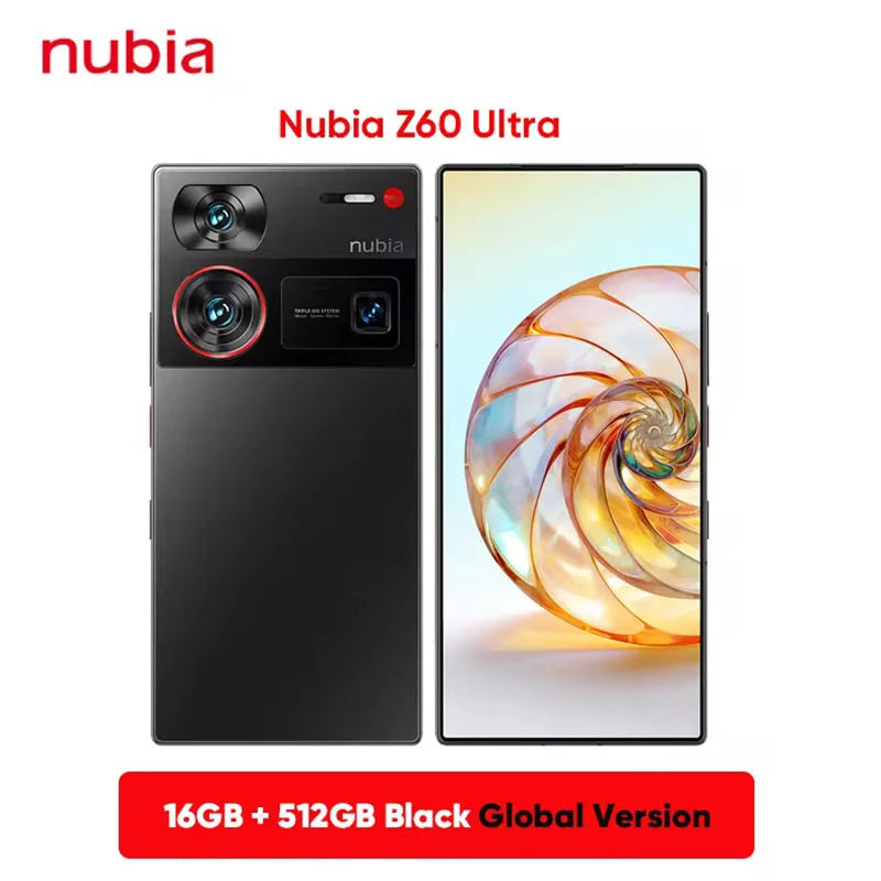 Image of a Nubia Z60 Ultra smartphone, featuring a sleek black design, triple rear cameras, and a large screen displaying a colorful spiral. Text highlights 16GB+512GB version.
