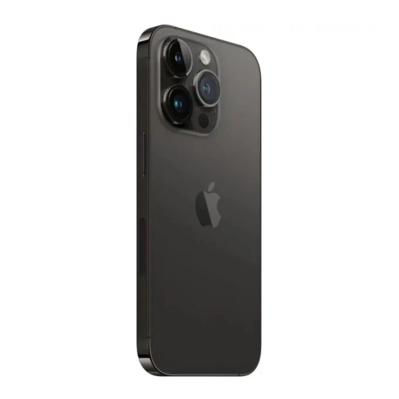 A modern smartphone with a sleek dark finish, featuring three rear cameras and an Apple logo in the center. The device is standing upright, displaying its minimalist design.