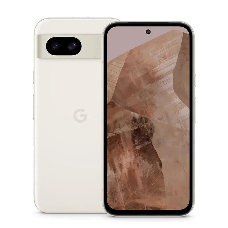 Smartphone with a beige finish, front display featuring a brown abstract pattern. The back shows a dual camera setup and a "G" logo.