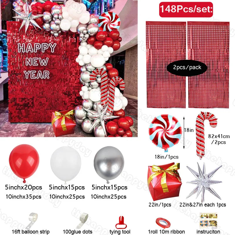 New Year-themed decoration set with red, white, and silver balloons, candy canes, stars, and ribbon. Includes 148 pieces such as a sequin backdrop, balloon strip, and tying tools.