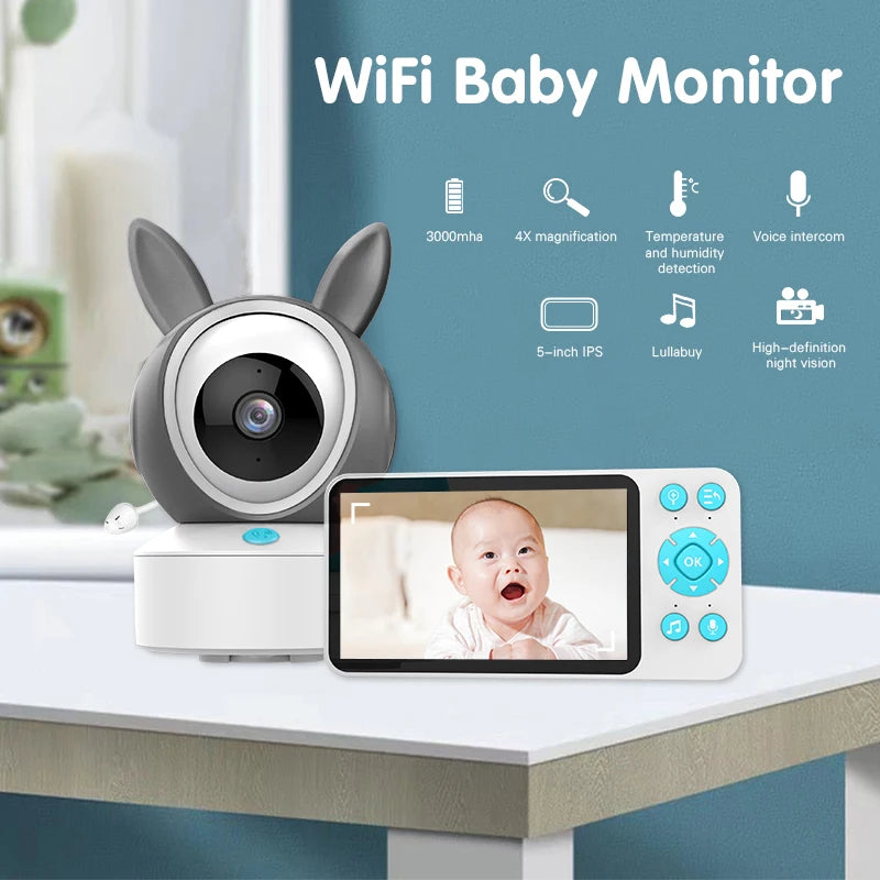 WiFi baby monitor with a bunny-ear camera and 5-inch screen displaying a baby. Features include 3000mAh battery, 4x magnification, temperature detection, intercom, and lullabies.