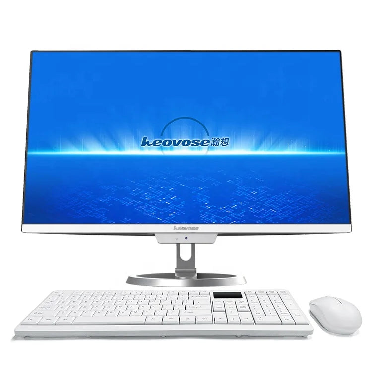 A sleek all-in-one desktop with a large monitor displaying a blue screen, accompanied by a white keyboard and mouse, on a white background.