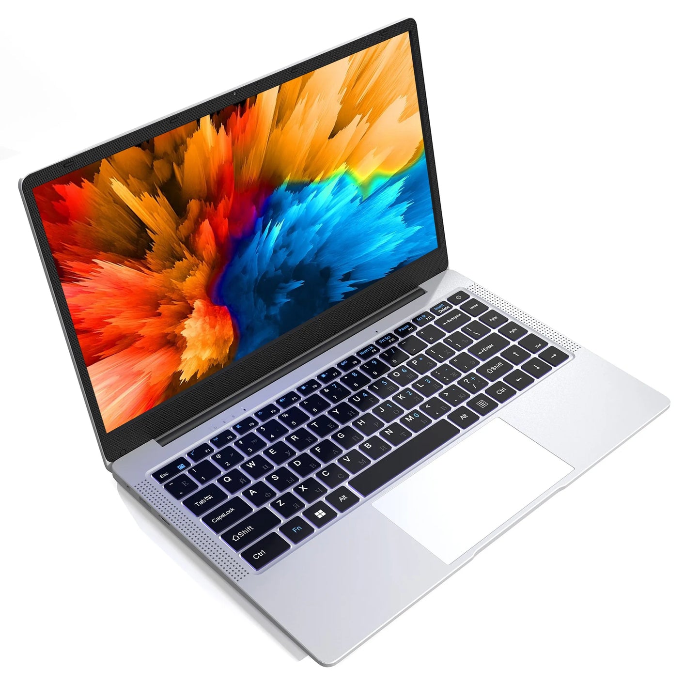 Open silver laptop with a colorful, vibrant display and a black keyboard on a white background. The screen shows an abstract design with bright blue, orange, and yellow hues.