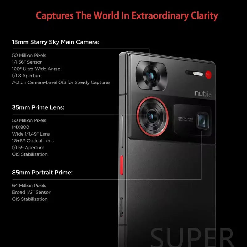Smartphone with three cameras: 18mm Starry Sky Main Camera, 35mm Prime Lens, and 85mm Portrait Prime. Features include ultra-wide angle, OIS, and high megapixel sensors.