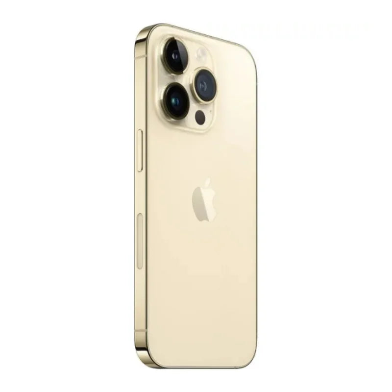 Gold smartphone with triple camera system, sleek design, and Apple logo on the back. The device has a smooth finish and visible side buttons.
