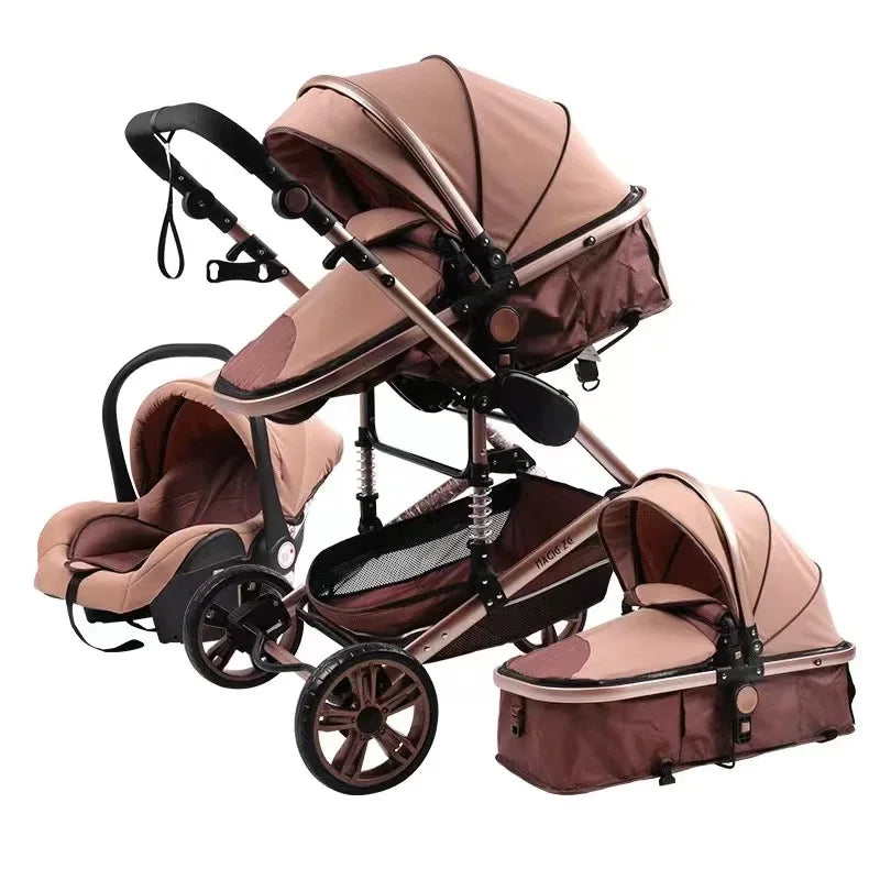 A versatile 3-in-1 baby travel system in beige and brown, featuring a stroller, detachable car seat, and bassinet with adjustable canopies and comfortable padding.
