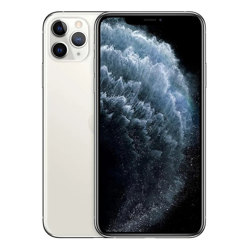 Front and back view of a sleek smartphone, featuring a triple-camera setup and a stormy, abstract wallpaper on the display. The device has a metallic frame and a glossy finish.