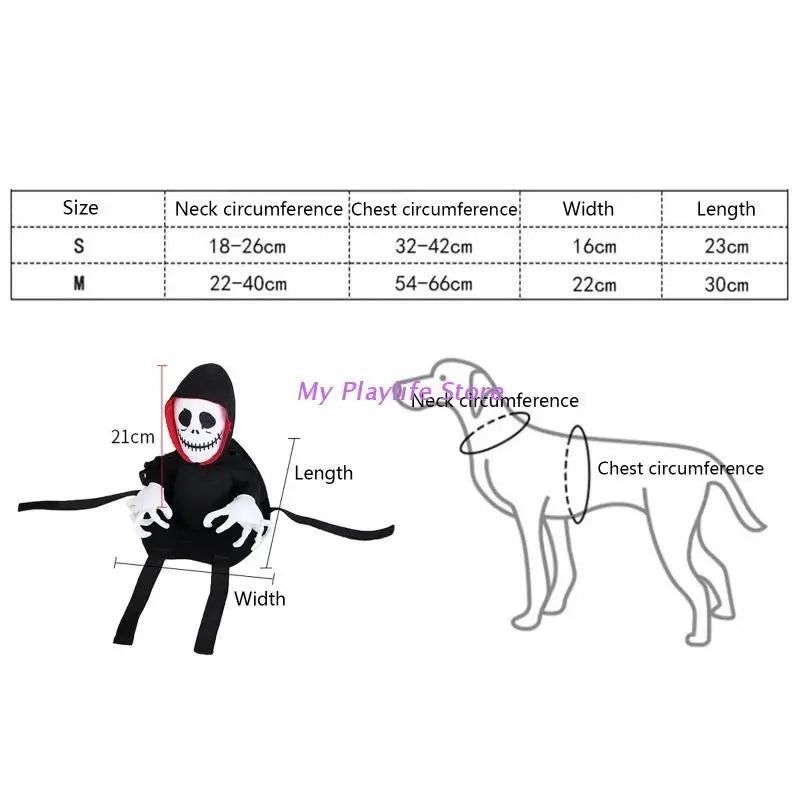 Diagram of a dog costume with Grim Reaper design, featuring a size chart. Sizes S and M include neck, chest circumference, width, and length measurements in cm.