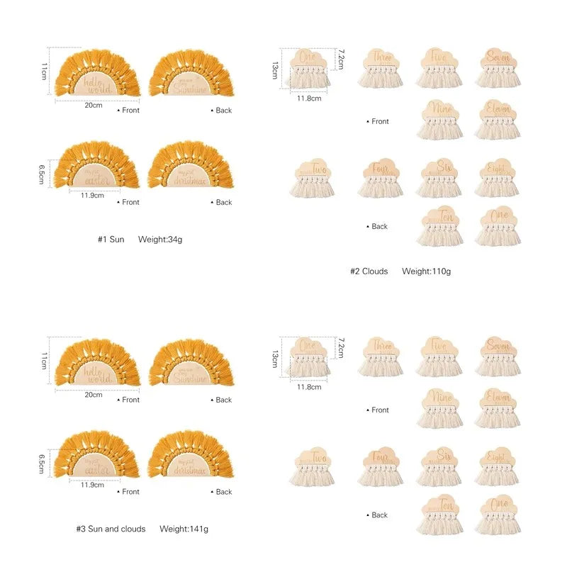 Sun and cloud-shaped milestone markers for babies, showing front and back views. Measurements and weights provided for each set: #1 Sun, #2 Clouds, and #3 Sun and clouds.