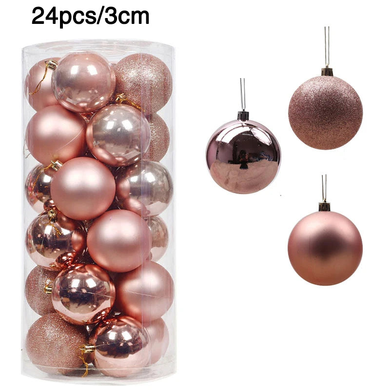 A clear container holds 24 rose gold Christmas ornaments, each 3cm in diameter. The ornaments come in shiny, matte, and glitter finishes, with three examples shown separately.