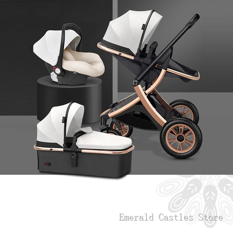 Sleek black and white modular baby travel system featuring a car seat, carrycot, and stroller with rose gold accents, displayed on a dark, minimalist background.