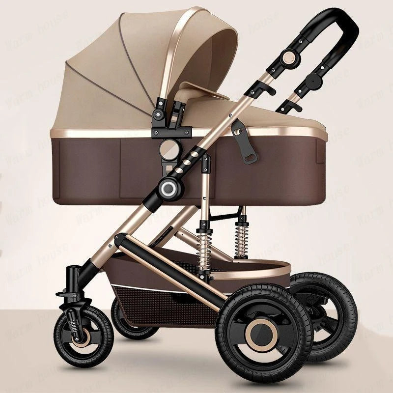 Luxury brown and beige baby stroller with a modern design. Features a bassinet, adjustable black handlebar, sturdy wheels, and a sleek metal frame on a neutral background.