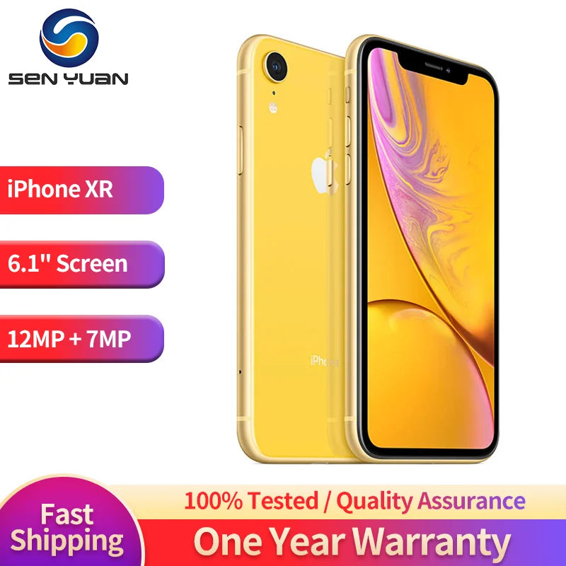 Yellow iPhone XR with 6.1" screen, 12MP + 7MP cameras. Features fast shipping, one-year warranty, and quality assurance. Brand logo "Sen Yuan" at the top left.