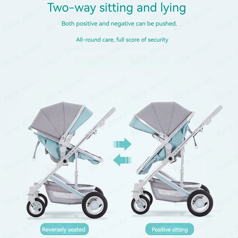 Two baby strollers shown side by side, one in reverse seating and the other in forward seating. Both are grey with teal accents, showcasing a two-way position feature.